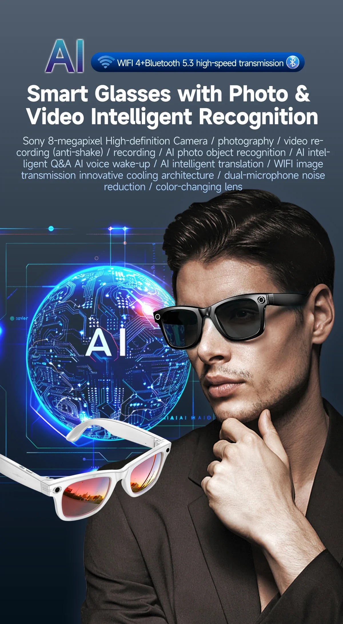 New 800W Camera AI Glasses Men Color-Changing Smart Translation Glasses Photo Video Recording Waterproof Call Smart Sunglasses